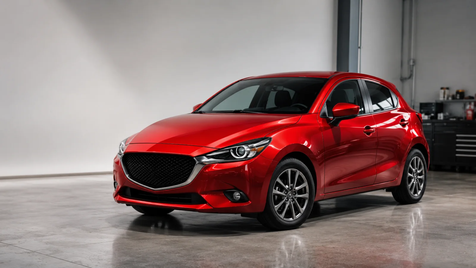 รถ Mazda2 SKYACTIV-D สีแดง เคสตรวจสอบระบบ i-ELOOP และ i-stop ที่อู่ซ่อม Mazda นครราชสีมา