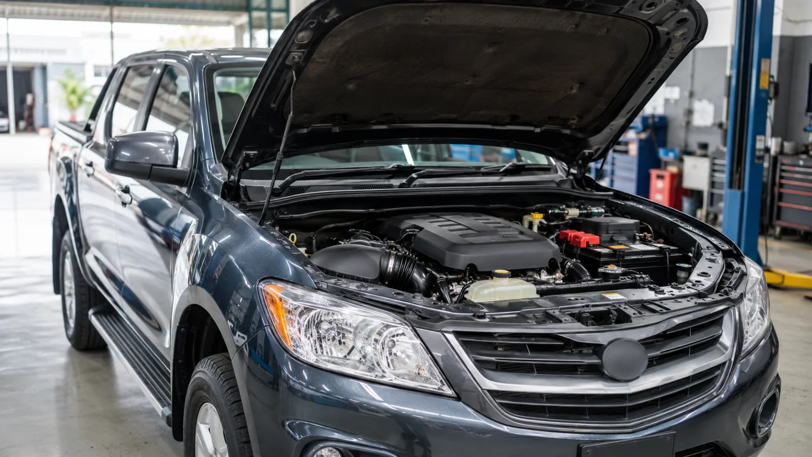 Mazda BT-50 Pro เปิดฝากระโปรง แสดงห้องเครื่องยนต์ สำหรับบริการตรวจซ่อม Mazda ในนครราชสีมา