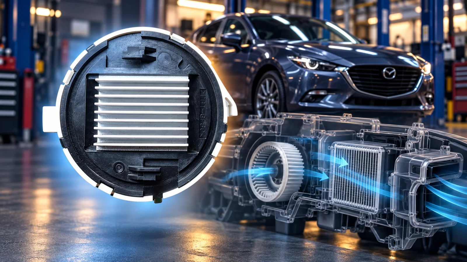 ภาพประกอบโมดูลควบคุมความเร็วพัดลมแอร์ ด้านหลังเป็นรถ Mazda3 Skyactiv และภาพแสดงโครงสร้างตู้แอร์